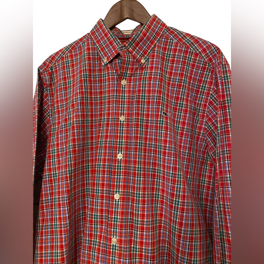 VINEYARD VINES Men’s Red Plaid Large Slim Fit Whale Button Shirt